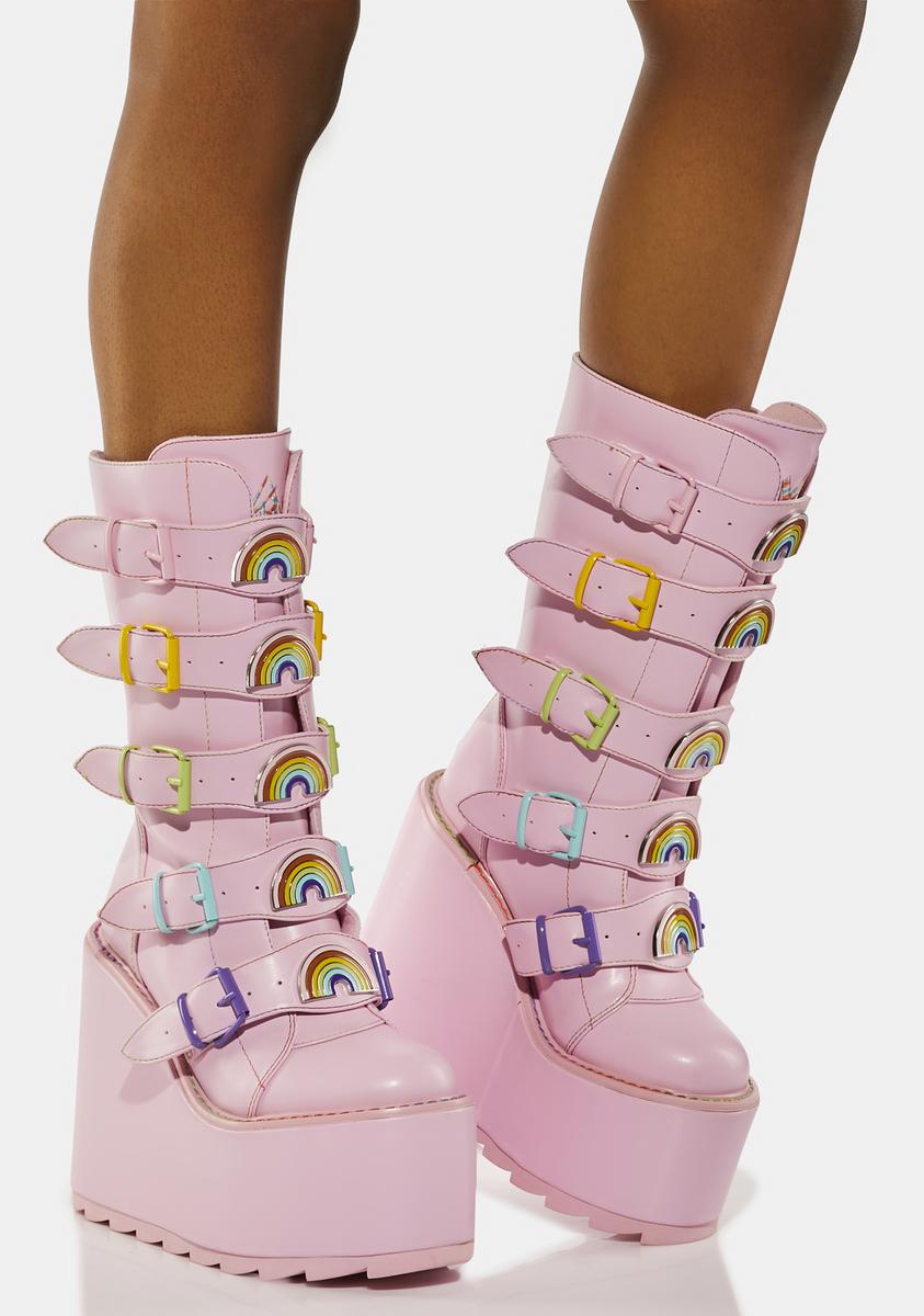 YRU Rainbow Buckle Platform Boots Pink Dolls Kill