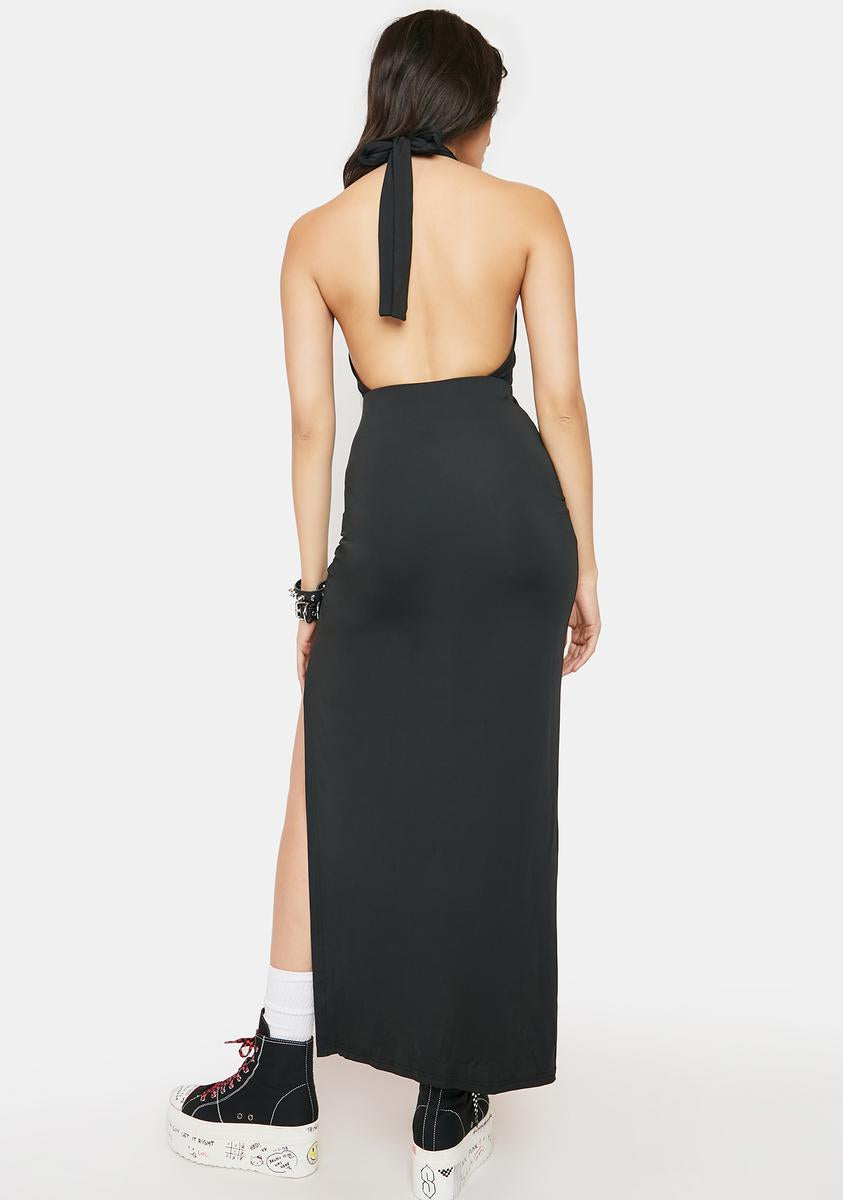 Open Chest Cross Halter Neck Side Slit Maxi Dress - Black Dolls Kill Open Chest Cross Halter Neck Side Slit Maxi Dress - Black Dolls Kill