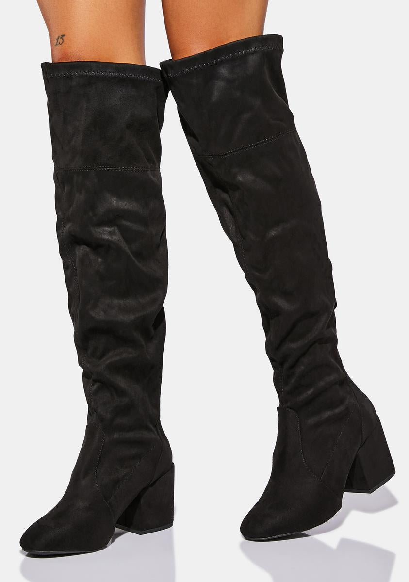 Faux Suede Wide Calf Knee High Heeled Boots - Black – Dolls Kill