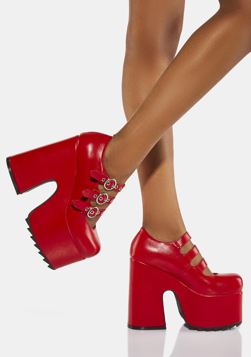 Red Platform Lamoda Triple Buckle Strap Vegan Leather Platform Heels - Red – Dolls Kill