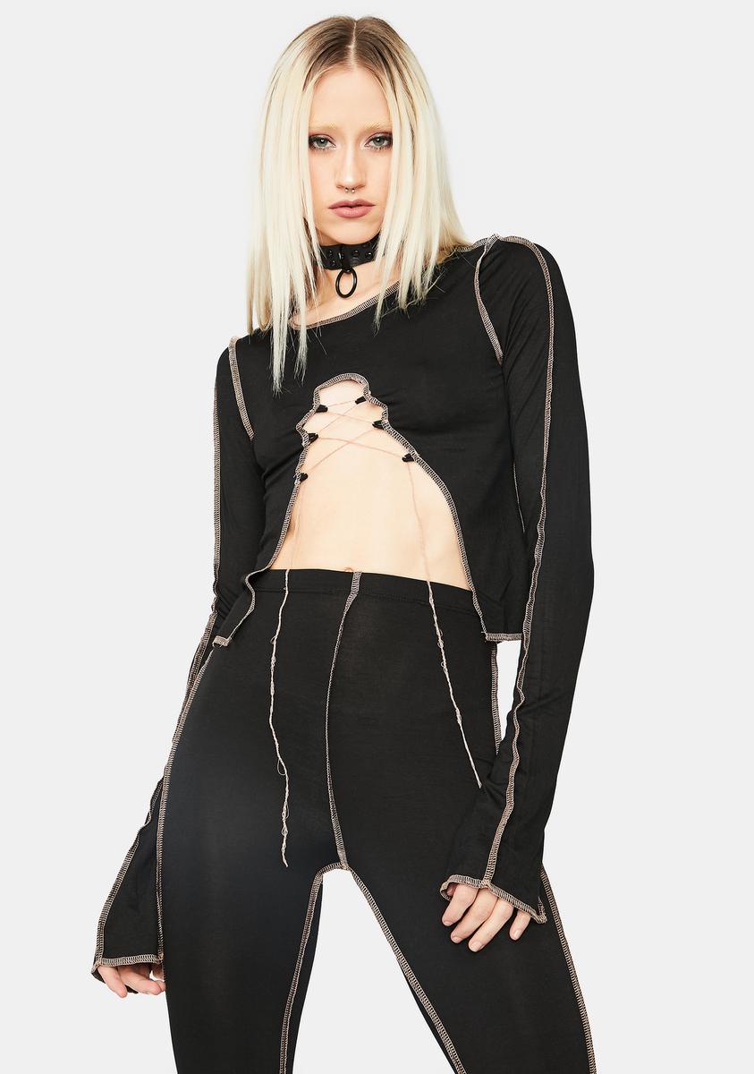 Contrast Stitch Open Lace Up Top And Pants Set - Black – Dolls Kill