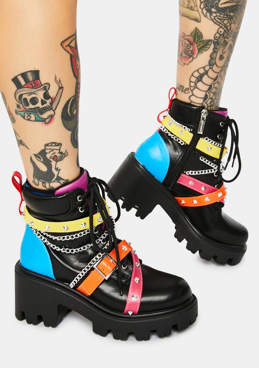 Chain Zipper Studs Heeled Ankle Boots - Rainbow – Dolls Kill