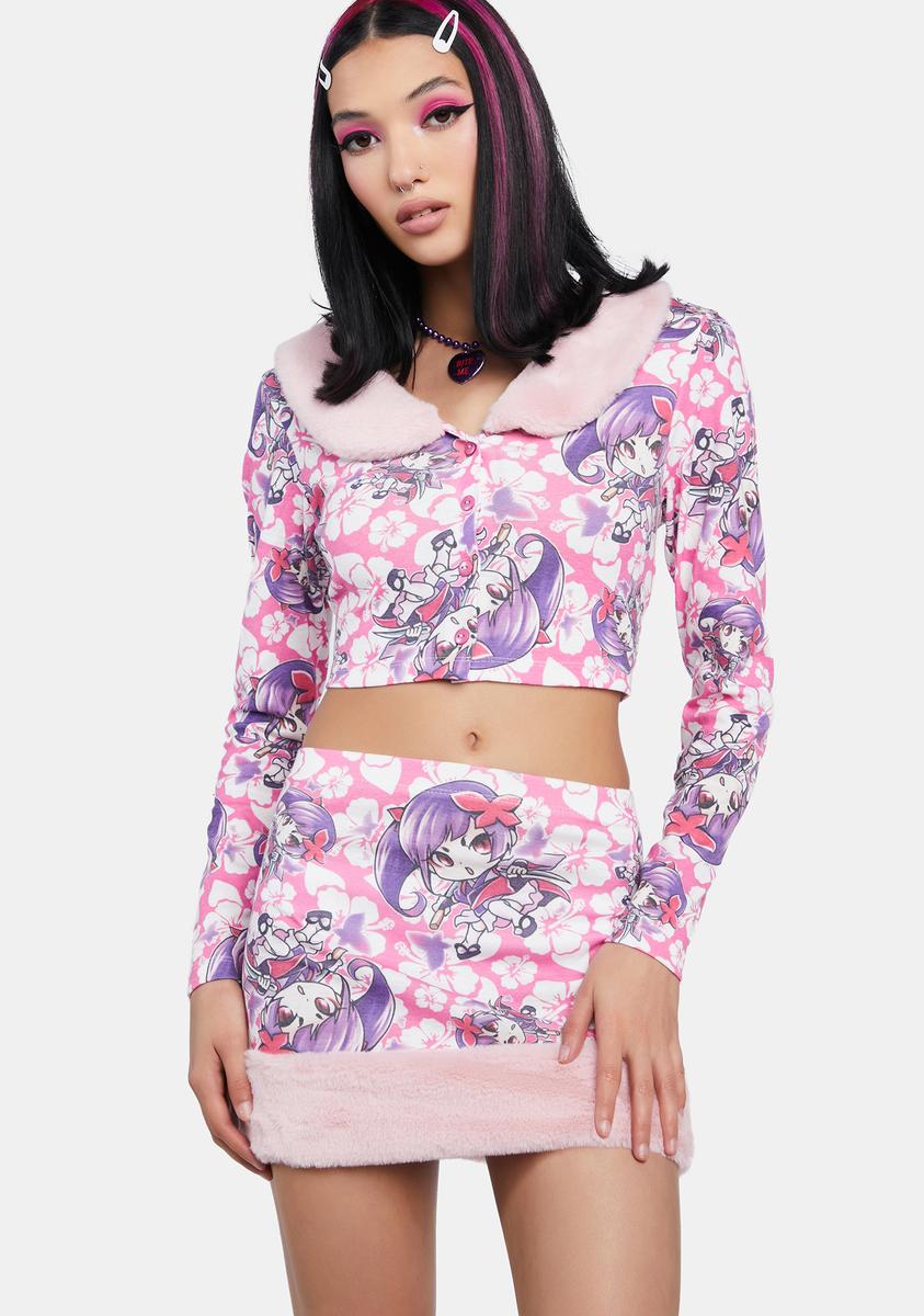 NGOrder Faux Fur Trim Ribbed Floral Anime Mini Skirt Pink Dolls Kill