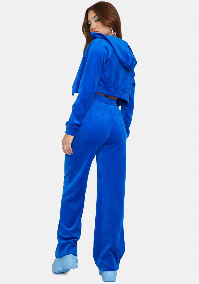 Velour Crop Hoodie And Tracksuit Pants Set Royal Blue Dolls Kill