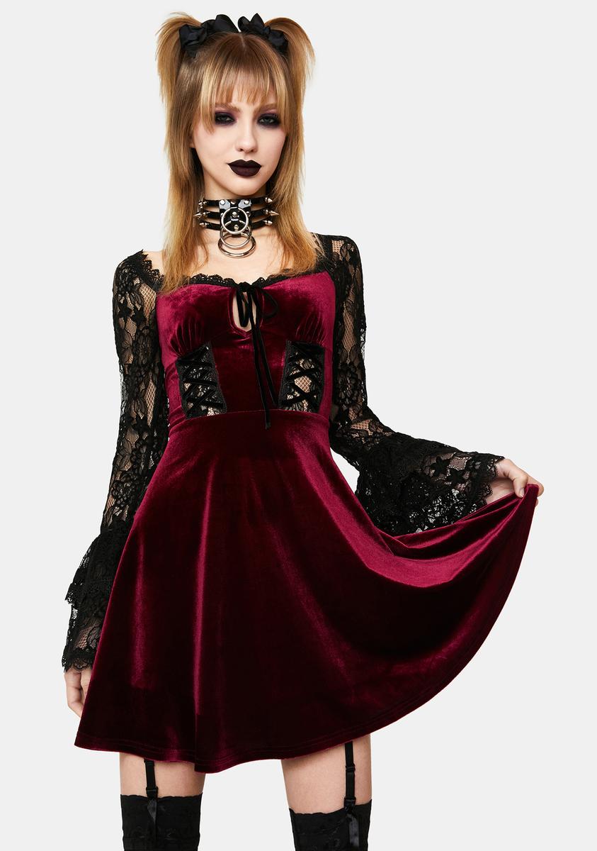 Dark In Love Burgundy Lace Sleeve Mini Dress – Dolls Kill