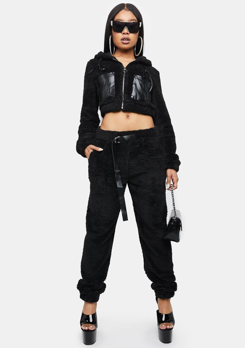 Sherpa Vegan Leather Pocket Cropped Hoodie And Joggers Black – Dolls Kill