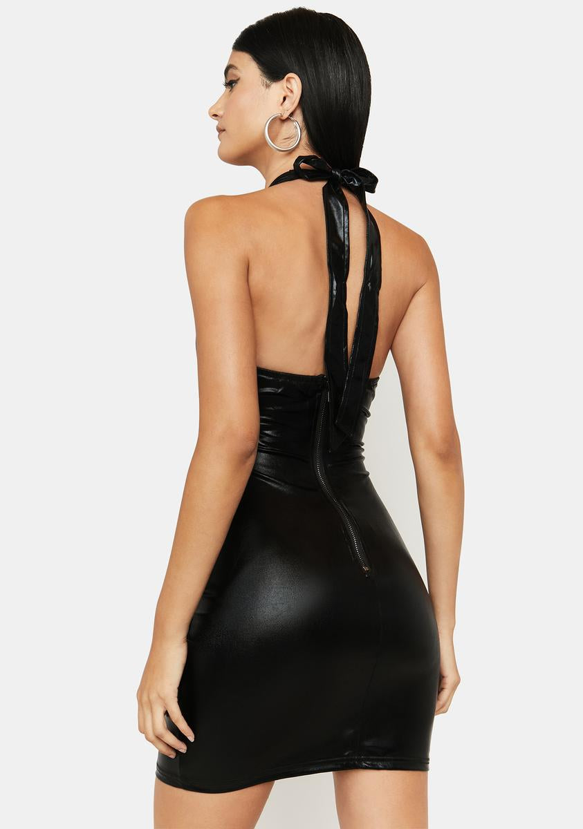 Vegan Leather Halter Neck O-Ring Cutout Mini Dress