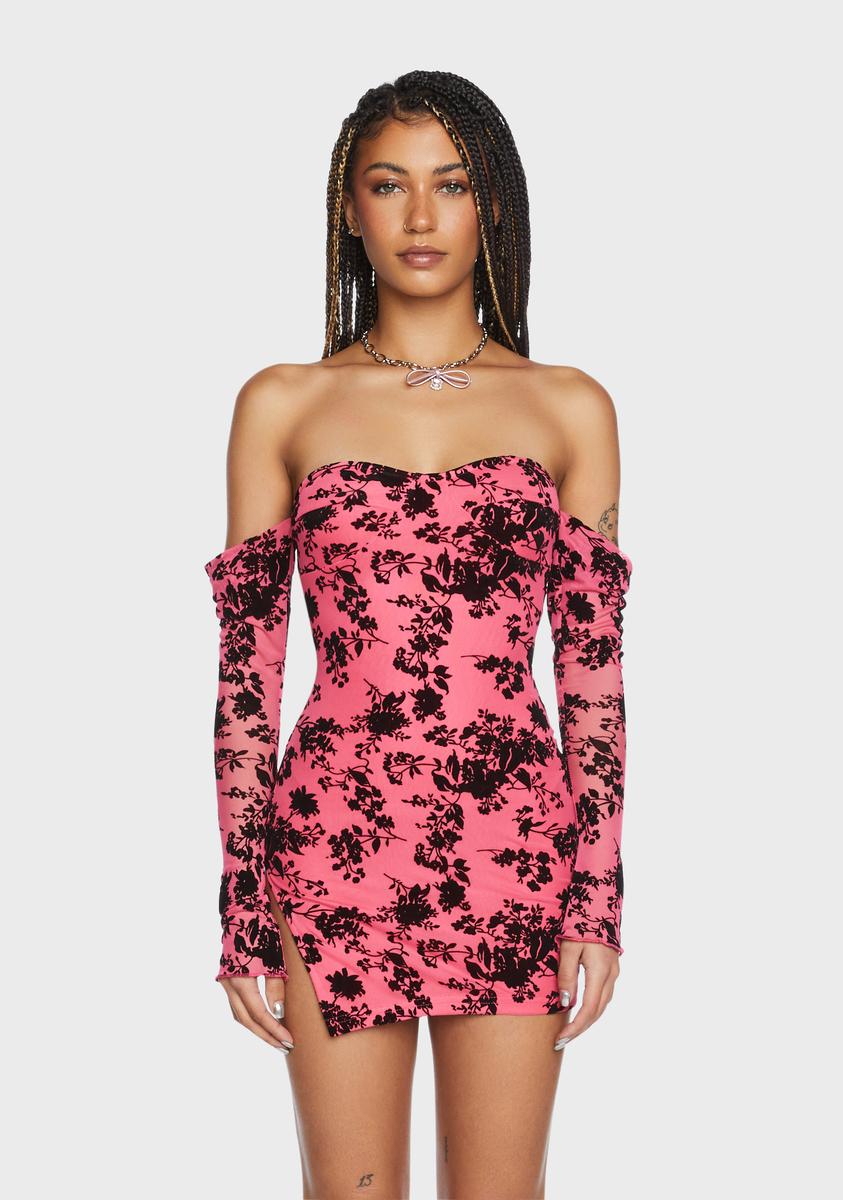 Floral Off The Shoulder Mini Dress - Pink/Fuchsia – Dolls Kill