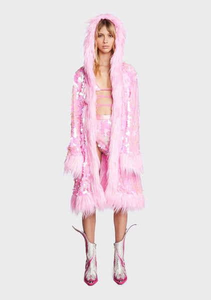 【希少】トルキッシュラムスキンコート　超美品 Club Exx Fur Trim Sequin Duster Coat - Pink – Dolls Kill