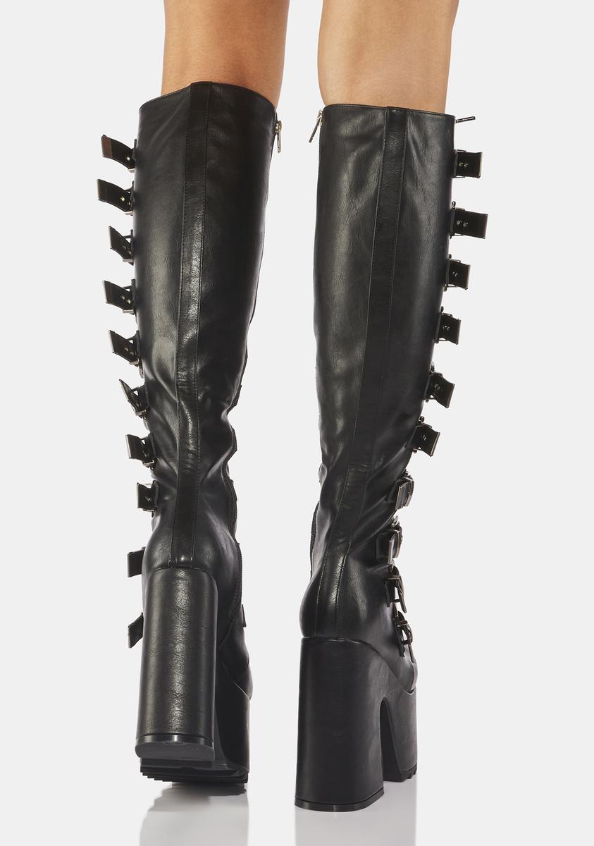 Lamoda Knee High Vegan Leather Platform Heel Buckle Boots - Black ...