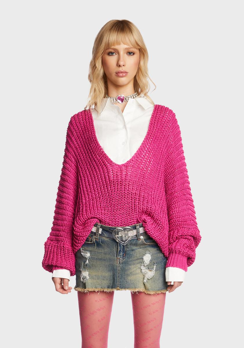 Light Pink Knit Oversized Long Sleeve Crewneck Pullover Sweater