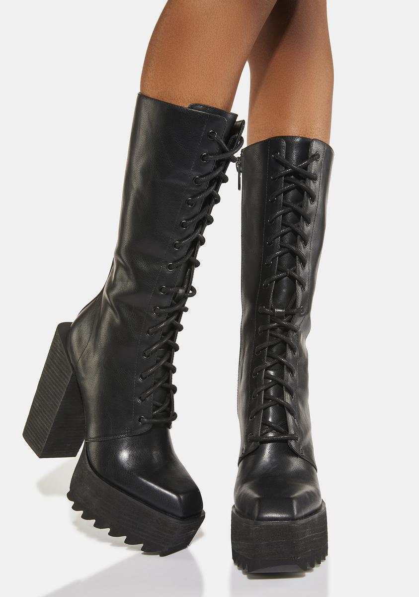Darker Wavs Angular Knee High Lace Up Platform Boots - Black – Dolls Kill