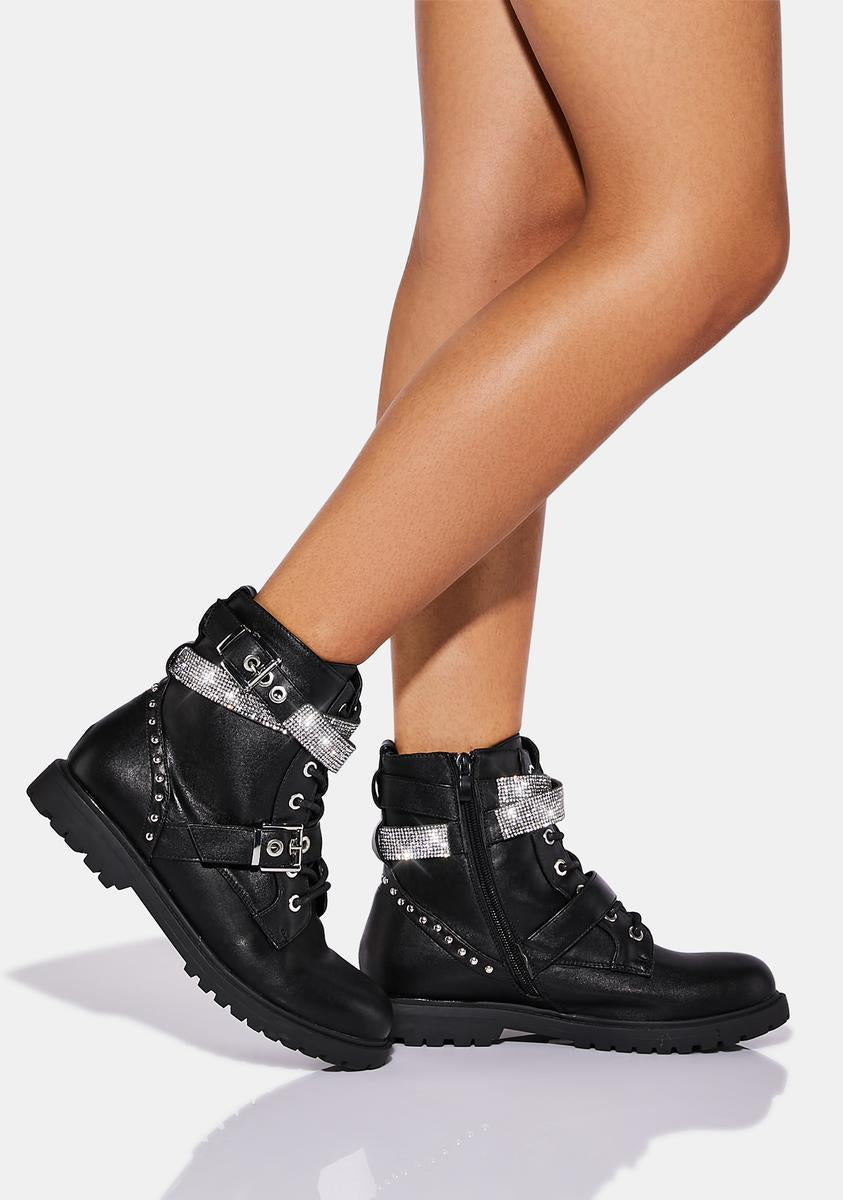 Vegan Leather Lace Up Rhinestone Strap Ankle Boots - Black