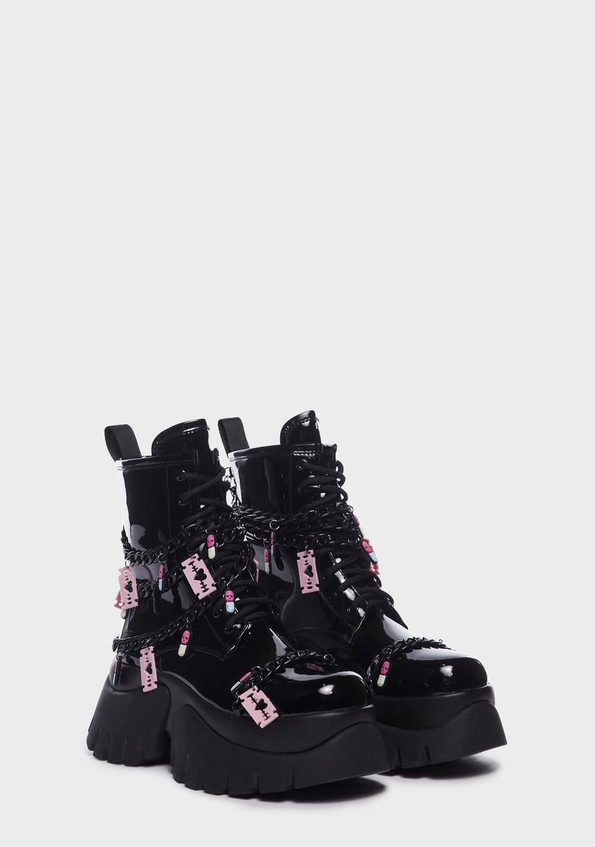 Koi Footwear Platform Patent Chain Charm Combat Boots