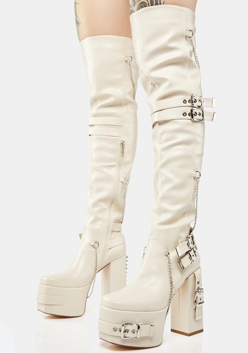 SIMMI Thigh-High Buckled Platform Boots - Beige – Dolls Kill