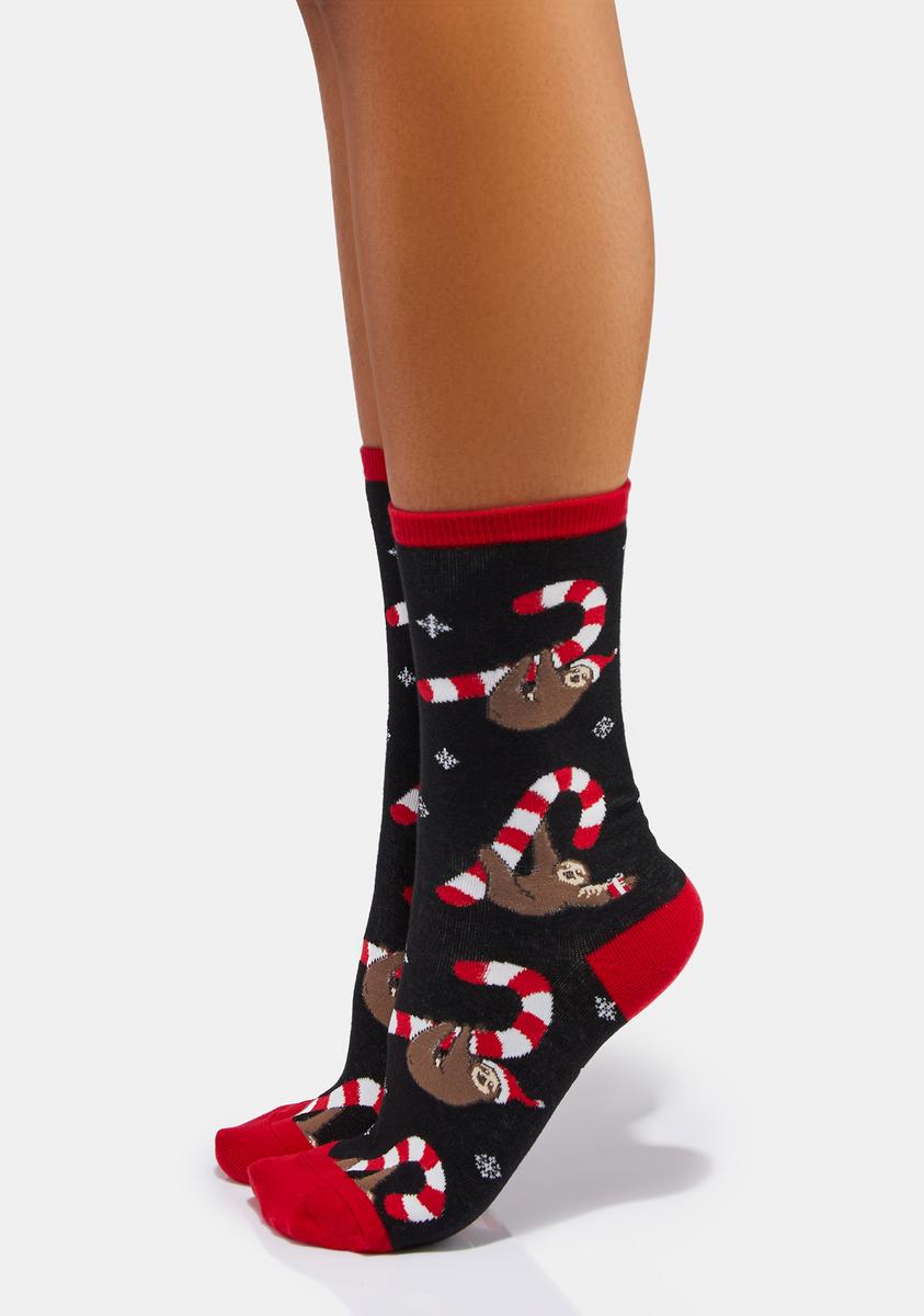 Socksmith Design Christmas Sloth Candy Cane Crew Socks - Black – Dolls Kill