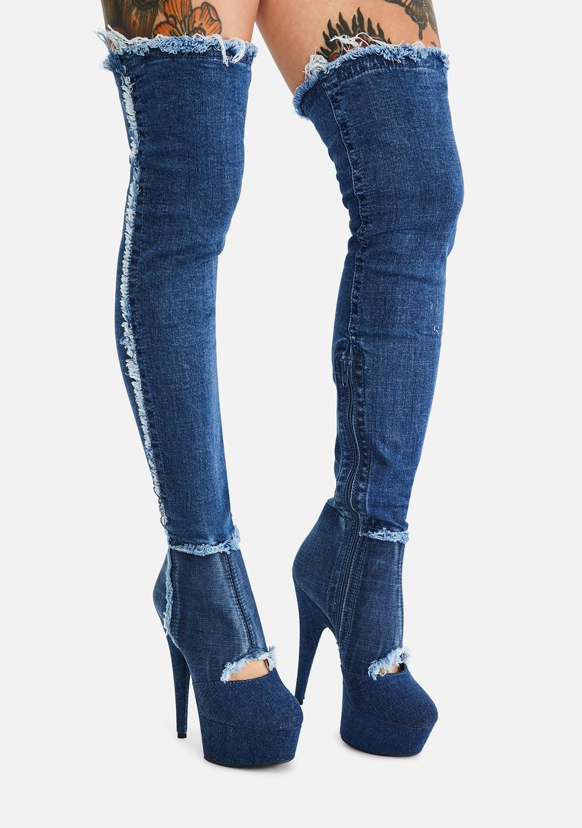 Pleaser Come Get It Denim Thigh High Boots Dolls Kill