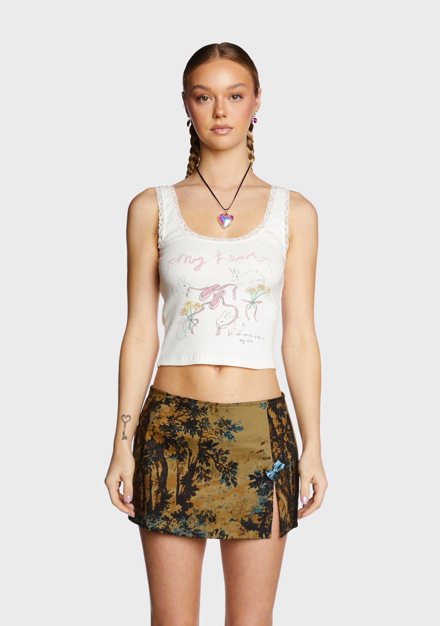 Motel Bunny Ballet Flat Print Crop Tank Top - White My Heart Pink – Dolls Kill