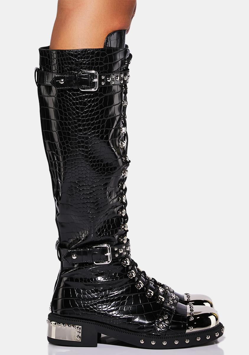 Azalea Wang Vegan Crocodile Knee High Buckle Steel Toe Boots
