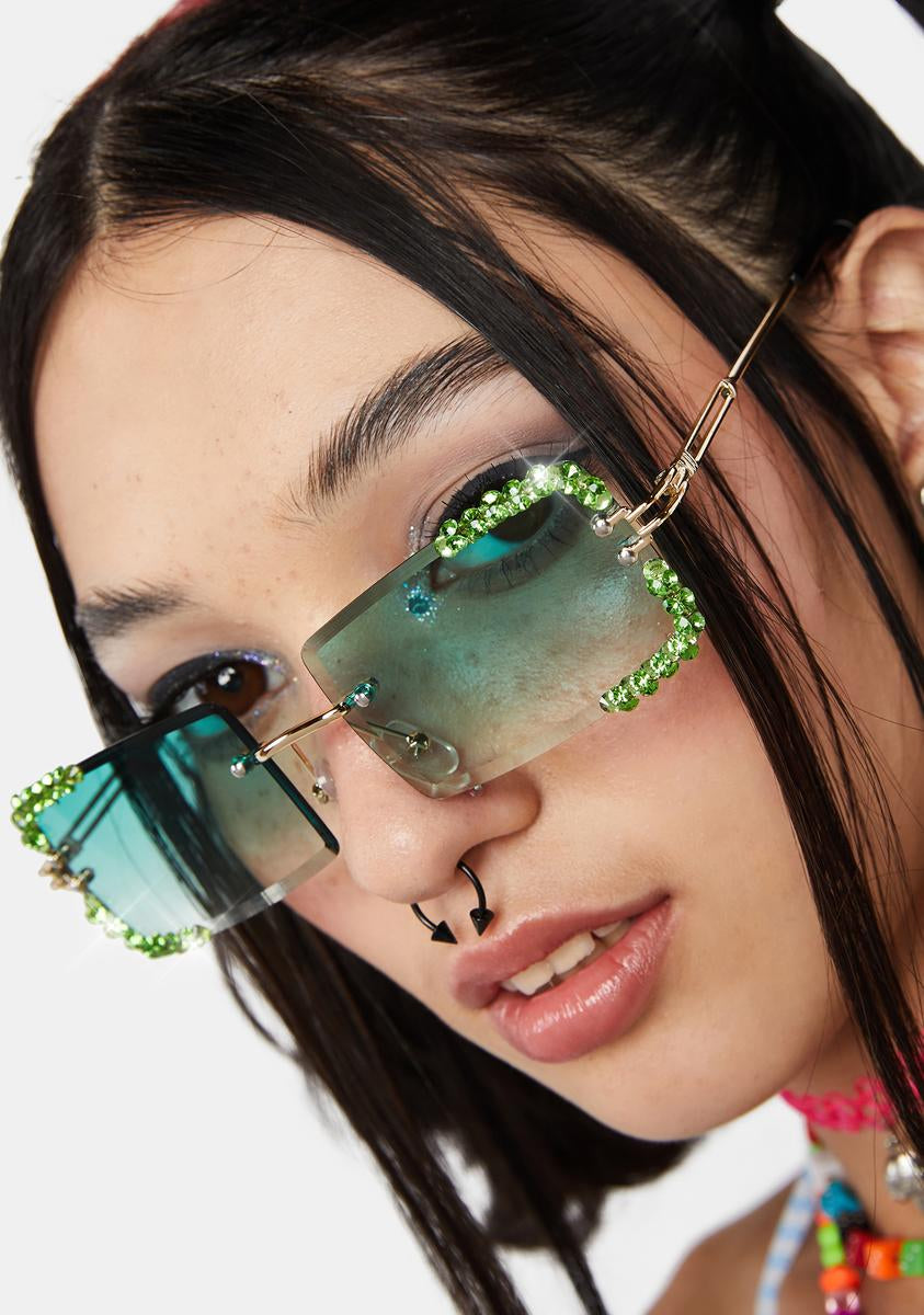 Frameless Rimless Crystal Sparkly Tinted Rhinestone Sunglasses - Green ...