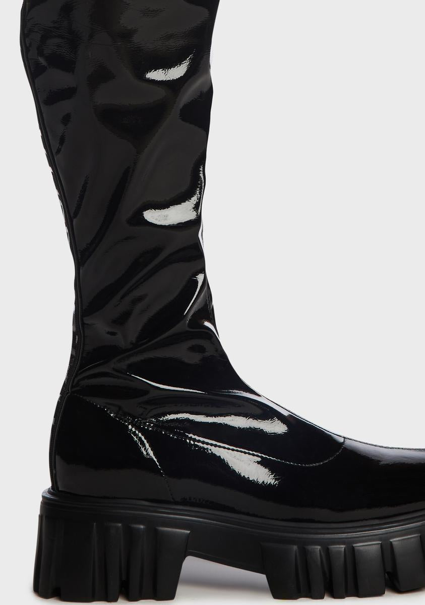 Buffalo Patent Vegan Leather Thigh High Boots - Black