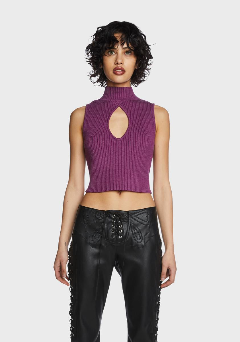 Pretty Garbage Ribbed Knit Mock Neck Sleeveless Keyhole Cut Out Crop ...
