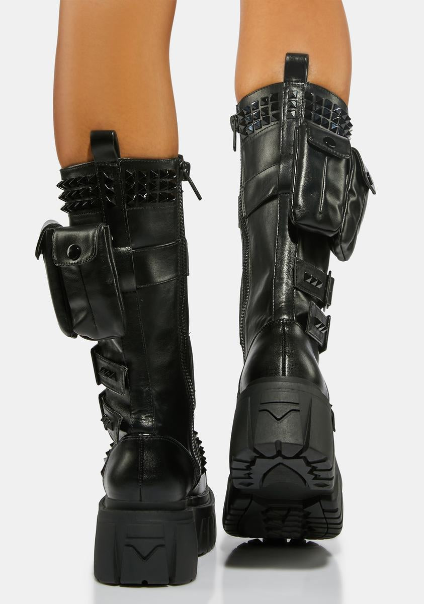Current Mood Spiked Buckle Strap Pocket Combat Boots - Black