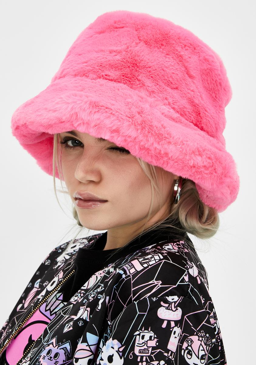 Faux fur bucket hat. Neon pink hat. Fuchsia fluffy hat. Bright