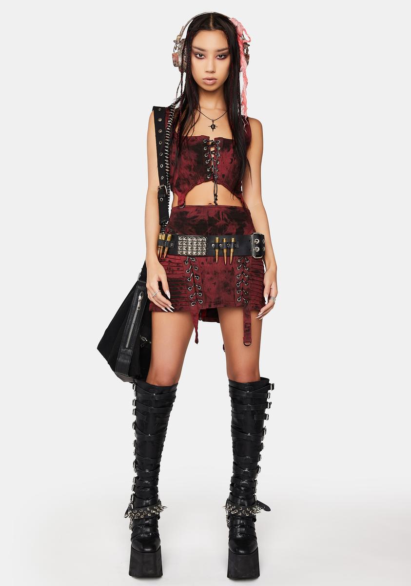 Darker Wavs Acid Wash Lace Up Corset Top - Red – Dolls Kill