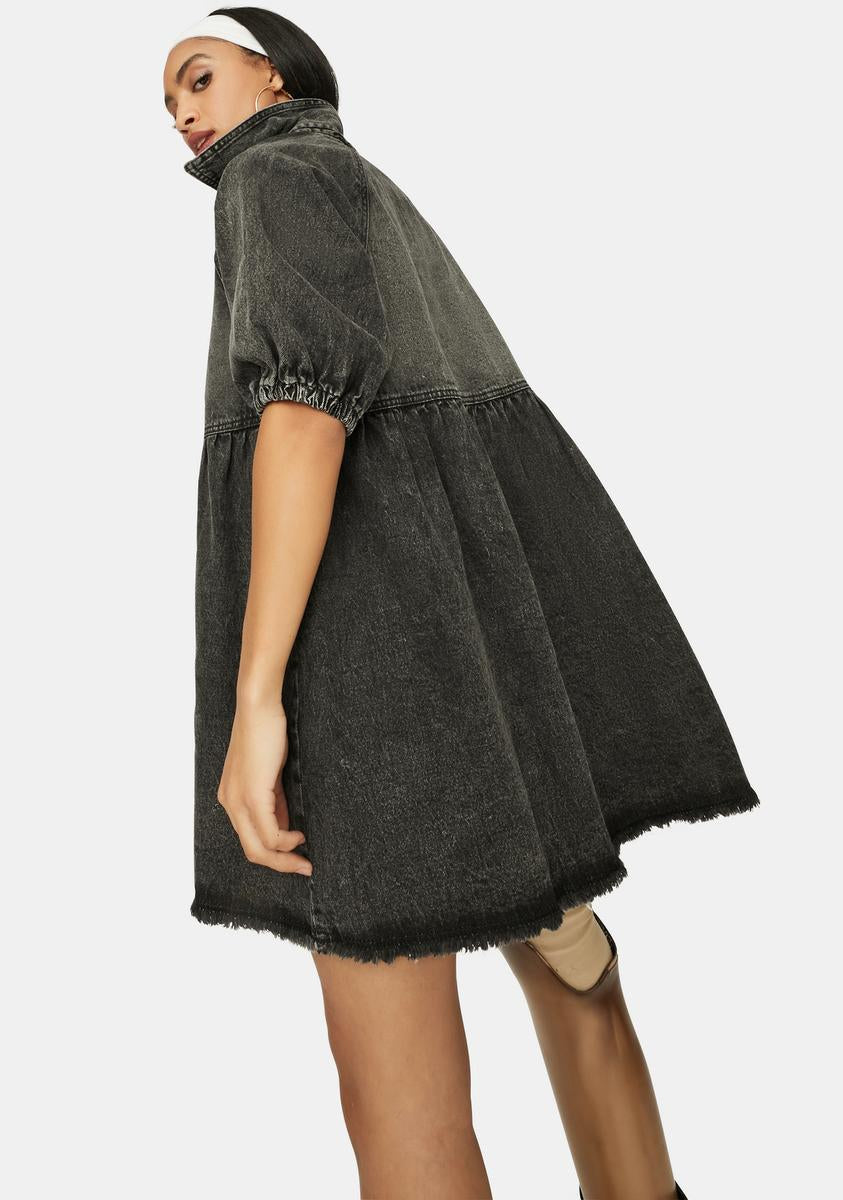 Denim Puff Sleeve Collared Babydoll Dress - Vintage Black Dolls Kill Denim Puff Sleeve Collared Babydoll Dress - Vintage Black Dolls Kill