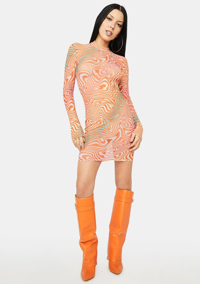dolls kill orange dress Long Sleeve Mesh Trippy Swirl Print Dress