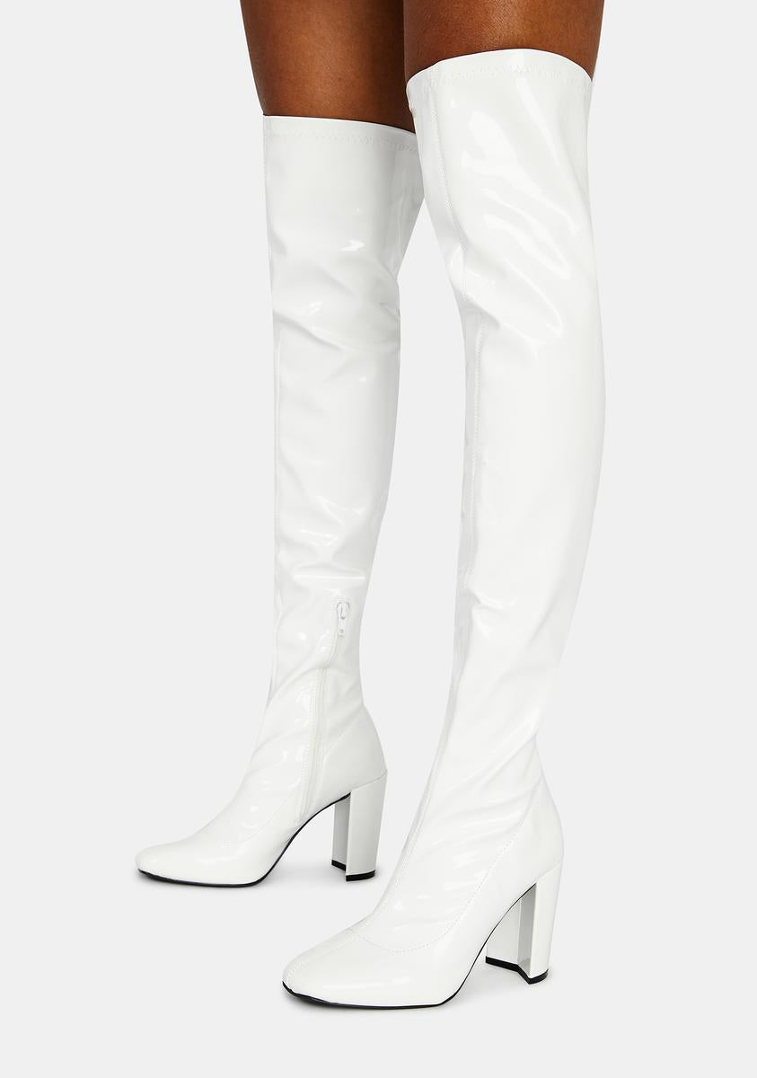 White vinyl thigh high boots cheap