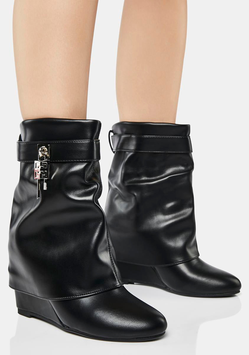 Vegan Leather Lock And Key Charm Wedge Booties - Black – Dolls Kill
