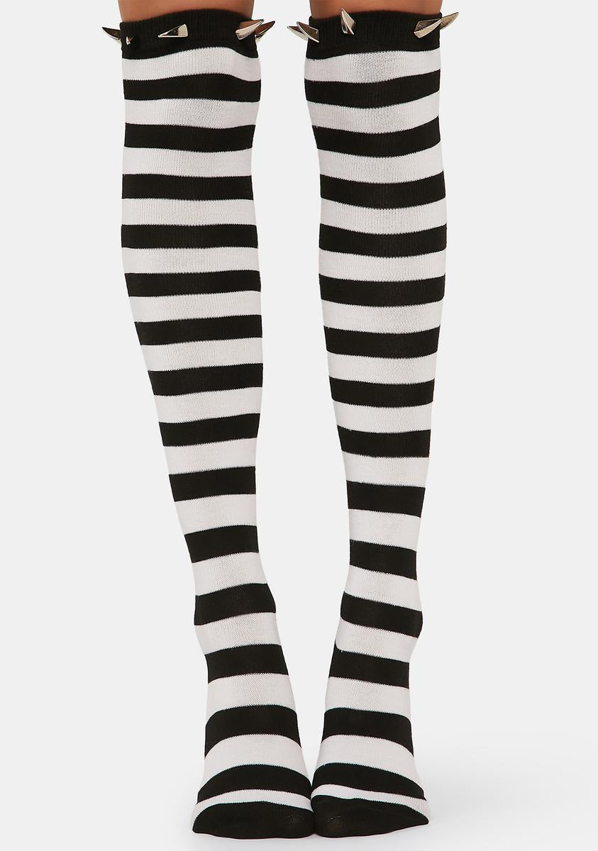 Striped Spiked Thigh High Socks - White – Dolls Kill