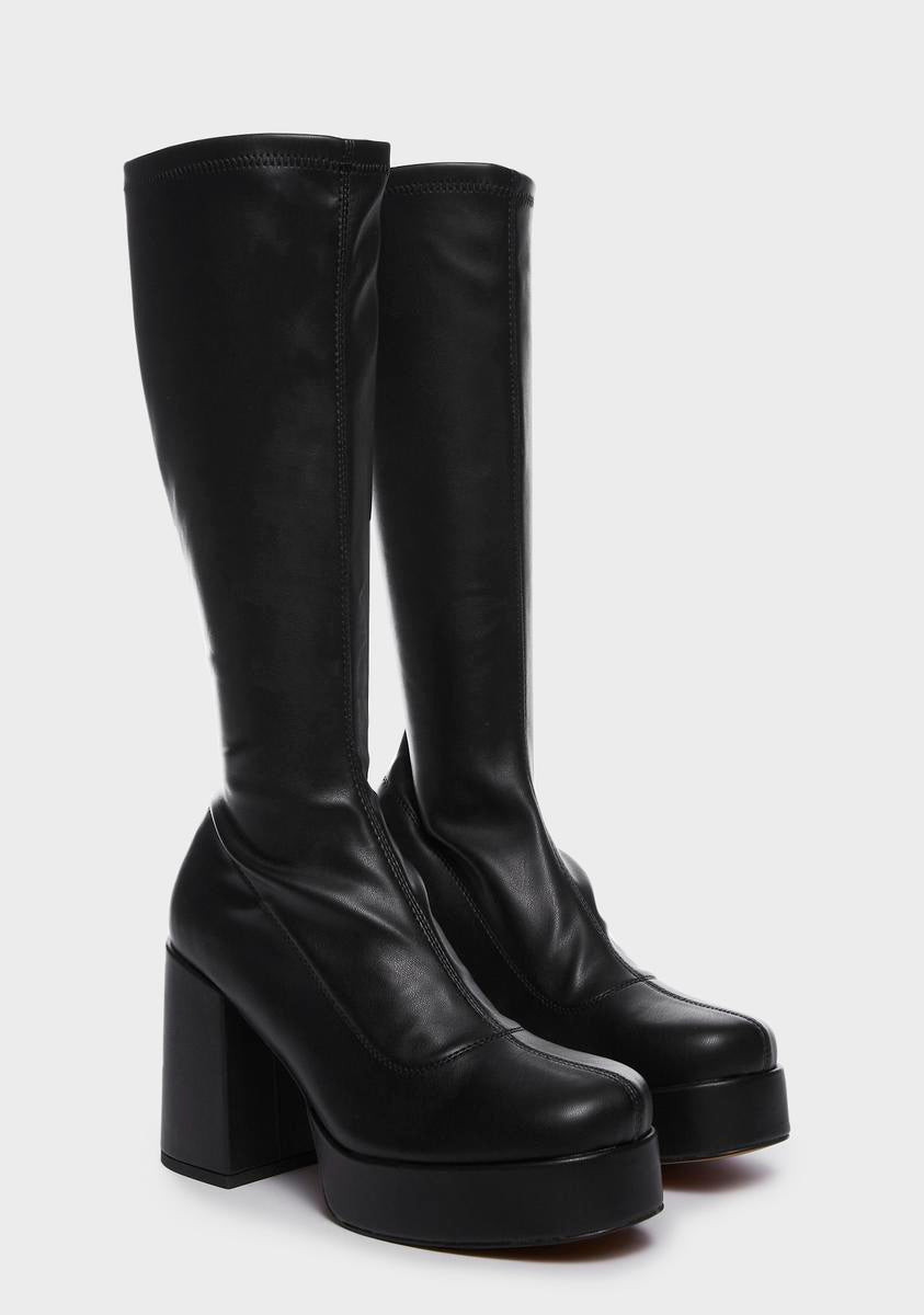 NOKWOL Stretch Vegan Leather Knee High Boots Black Dolls Kill