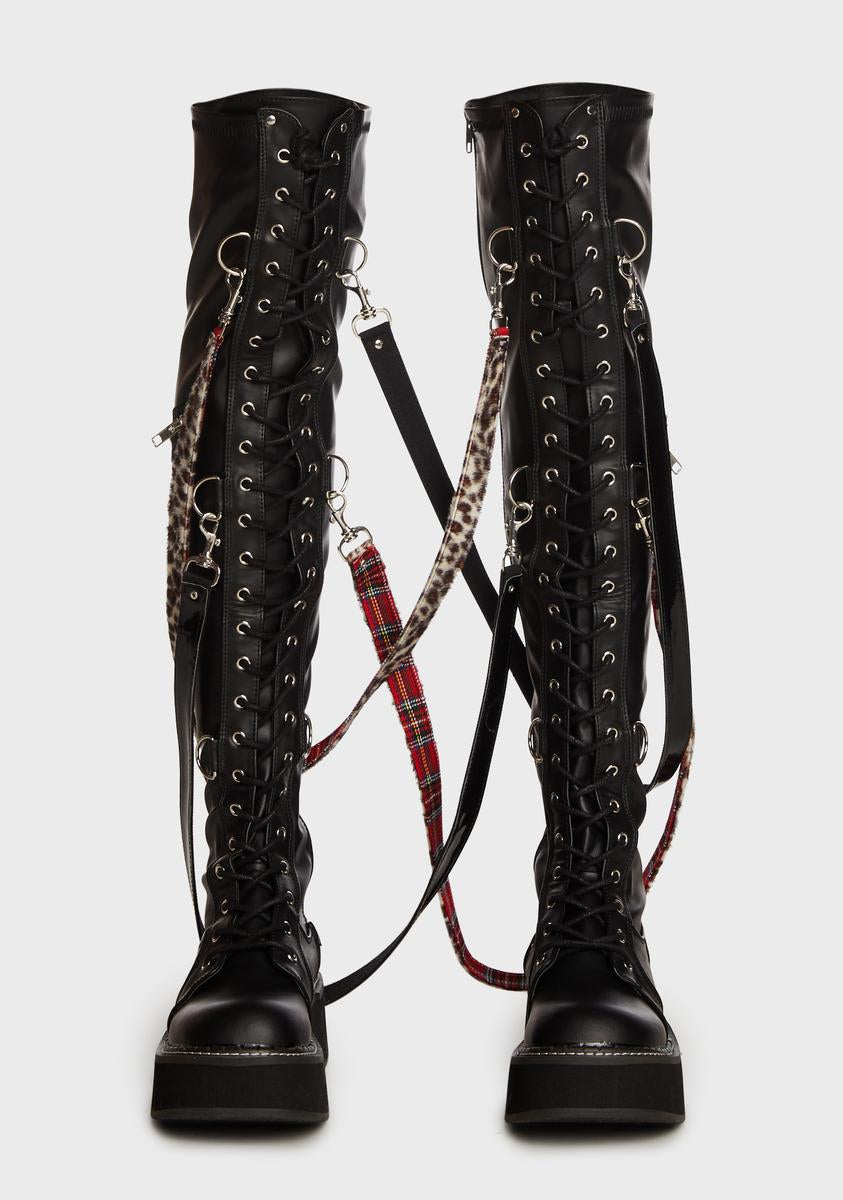Demonia Bondage Over The Knee Platform Boots - Black – Dolls Kill