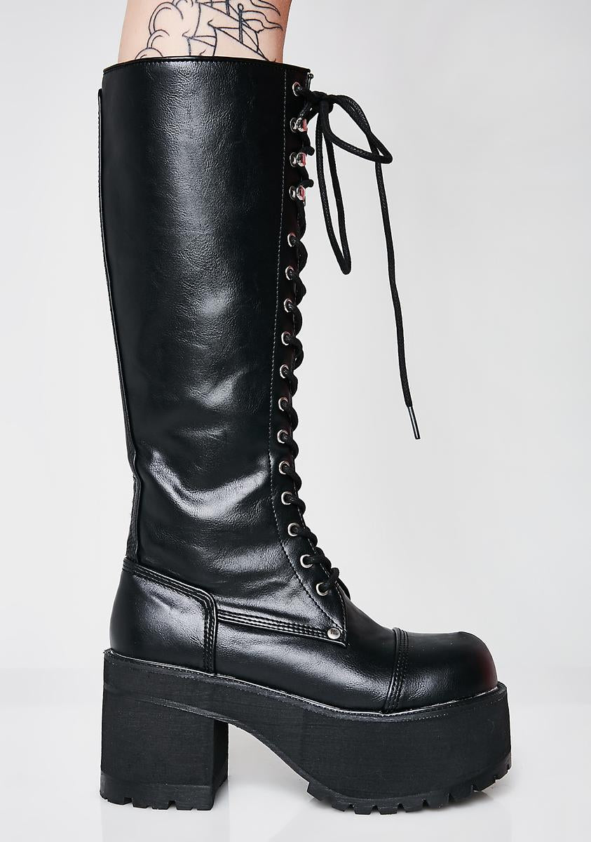 Demonia x dollskill シルバーブーツ　厚底 Demonia x Dolls Kill Reflective Knee High Wedge Platform