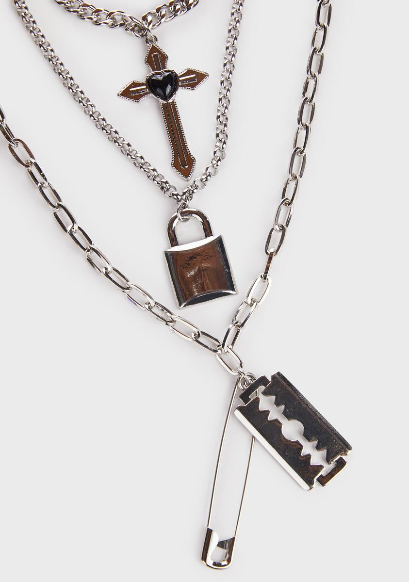 Chain Cross Lock Blade Necklace Silver Dolls Kill