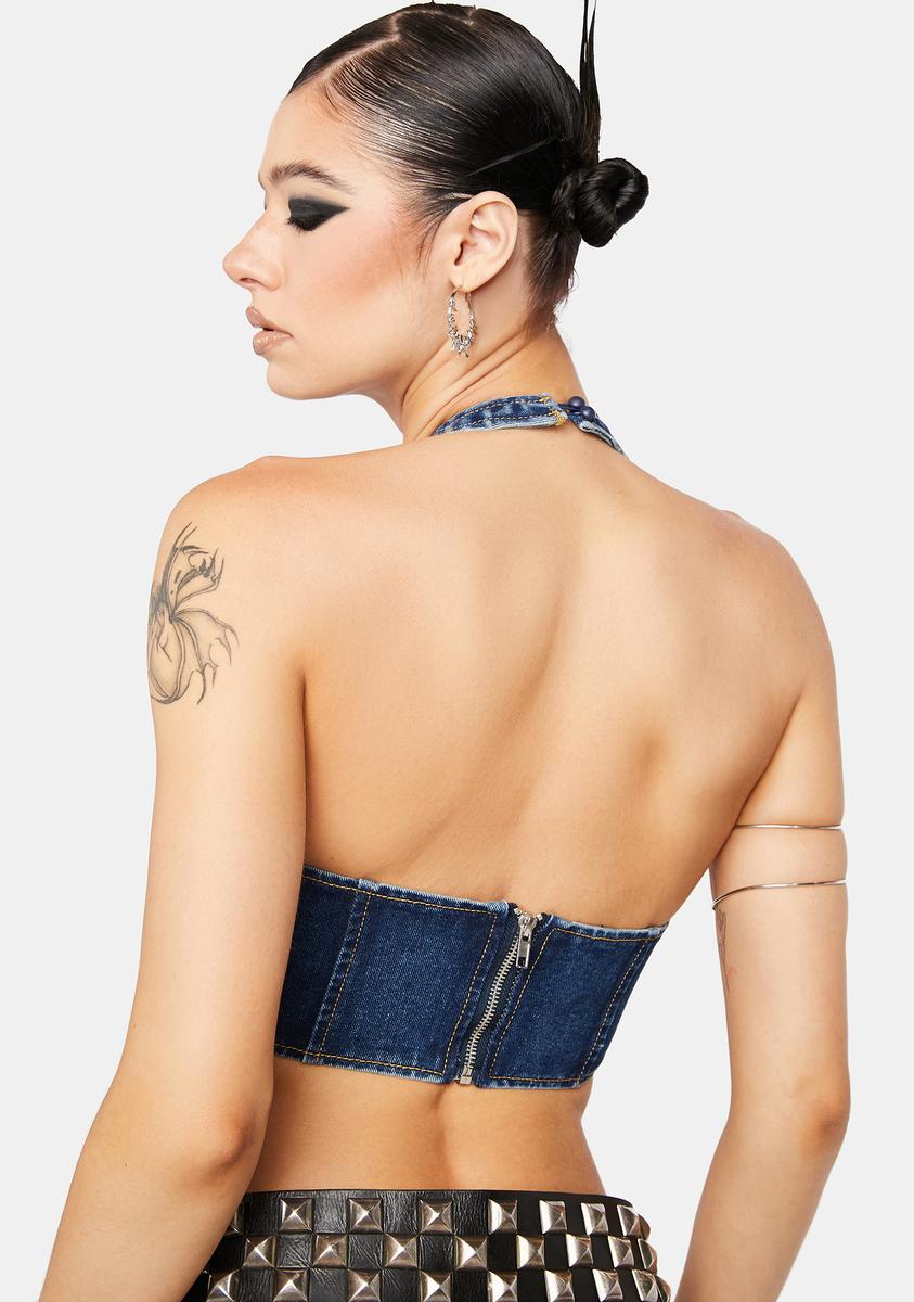 Momokrom Denim Lace Up Halter Crop Top - Blue – Dolls Kill
