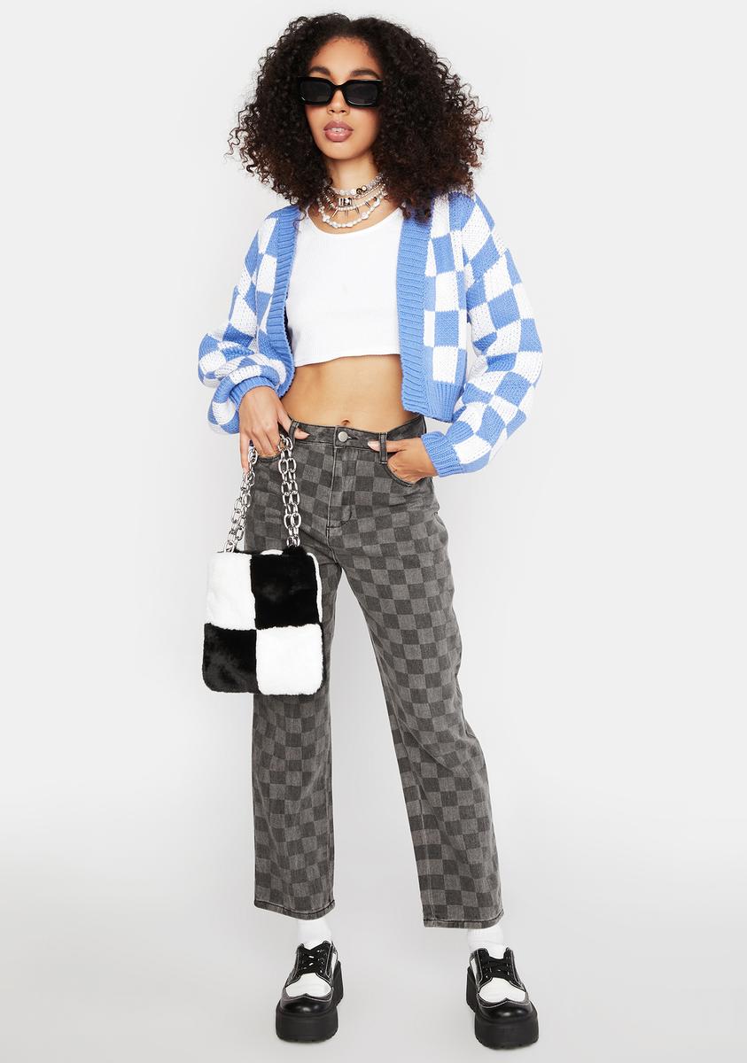 Checkered Knit Cropped Cardigan - Blue/White – Dolls Kill