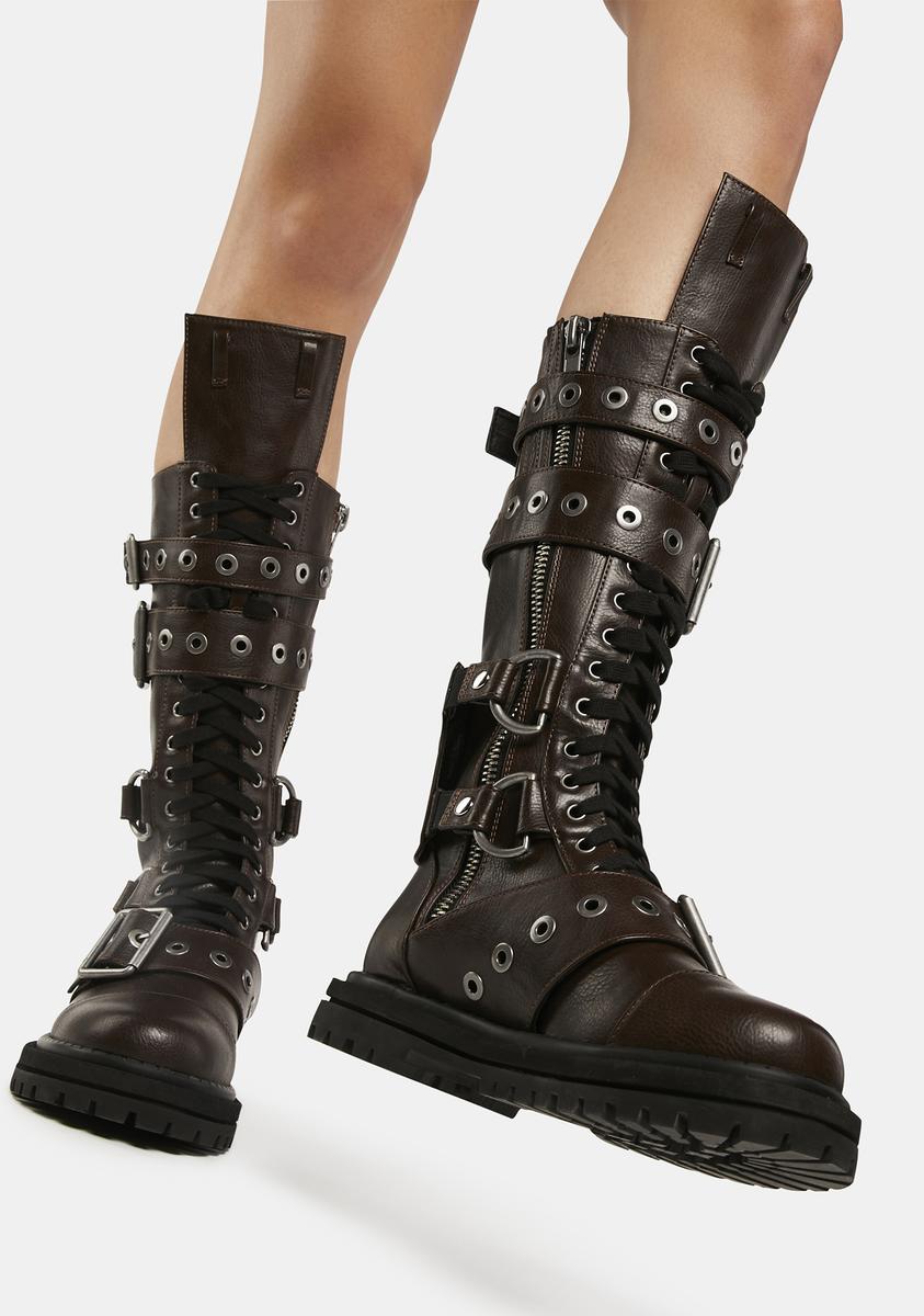 Club Exx Tactical Buckle Knee High Combat Boots - Dark Brown – Dolls Kill