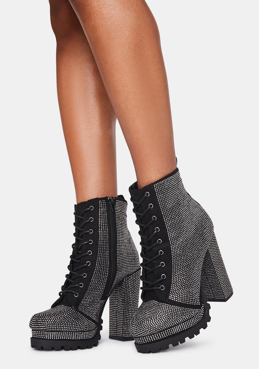 Silver Rhinestone Heeled Booties - Black – Dolls Kill
