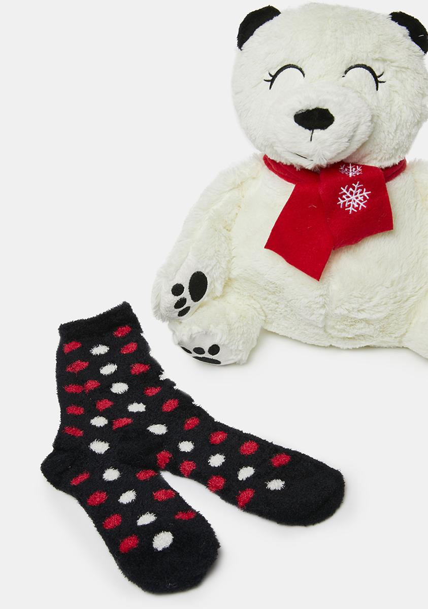 MeMoi Fuzzy Polar Bear Plush Polka Dot Socks - White – Dolls Kill