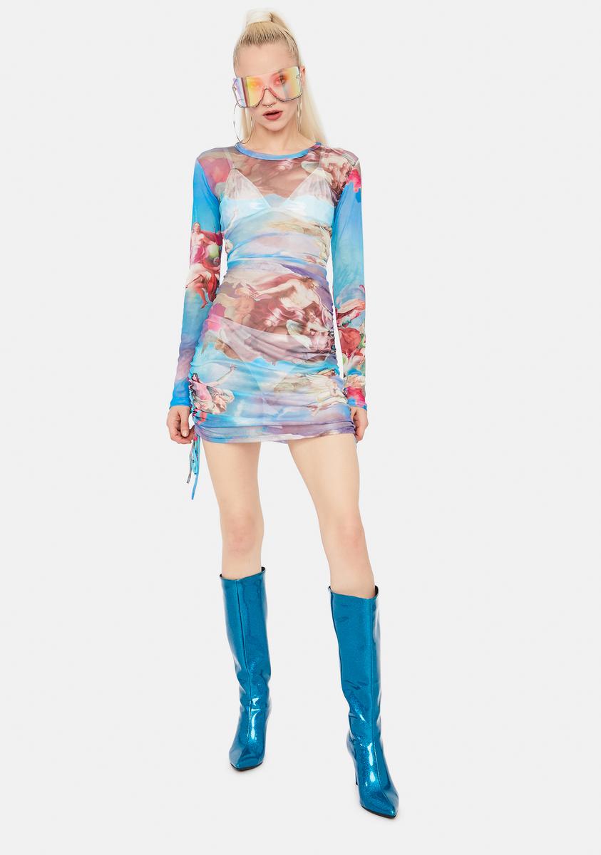 knee length dresses for ladies Yumi Navy Mesh Floral Print Midi Dress With Angel Sleeves – The Oxygen  Lifestyle main image 0
