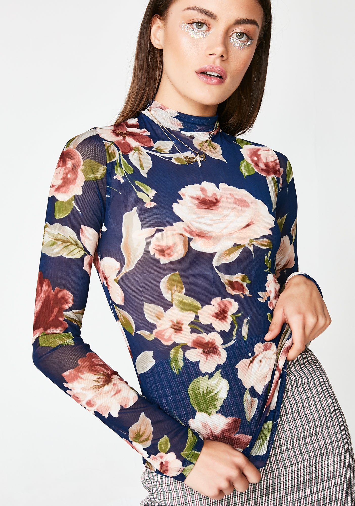 Floral Mesh Mock Neck Top – Dolls Kill