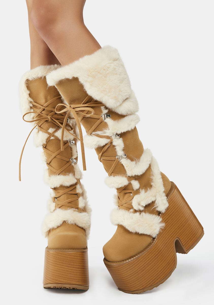 Demonia Eskimo Boots 305 Faux Fur Knee High Platform Boots - Camel – Dolls