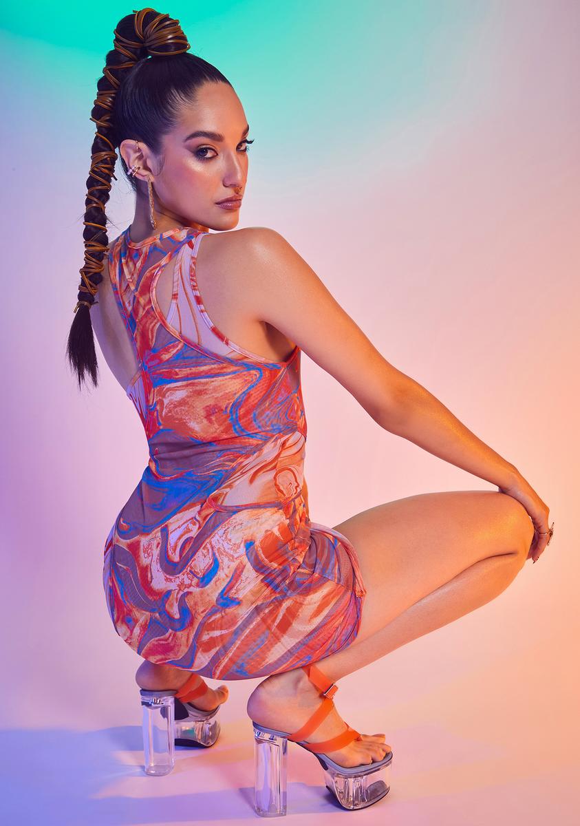 Mixed Marble Print Double Layer Mesh Dress Mixed Marble Print Double Layer Mesh Dress