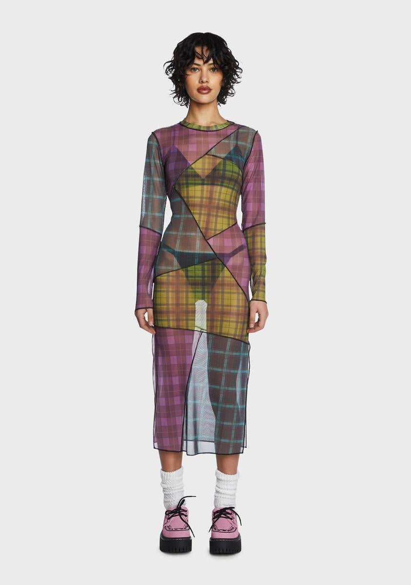 The Ragged Priest Plaid Patchwork Mesh Dress - Multi – Dolls Kill