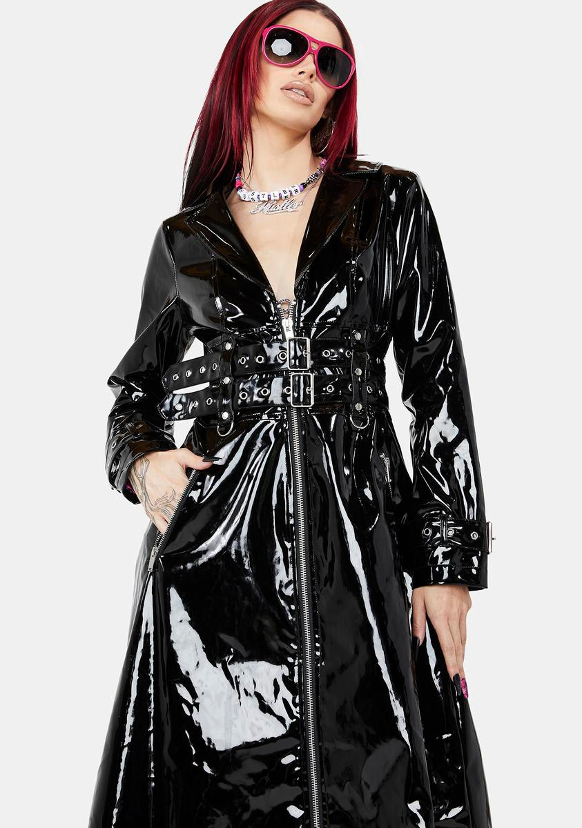 Dolls Kill x Hustler Vinyl Buckle Trench Coat - Black