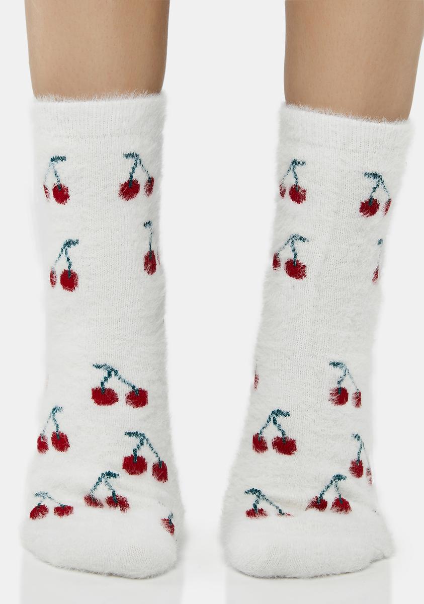 MeMoi Cherry Print Fuzzy Crew Socks - Off White – Dolls Kill